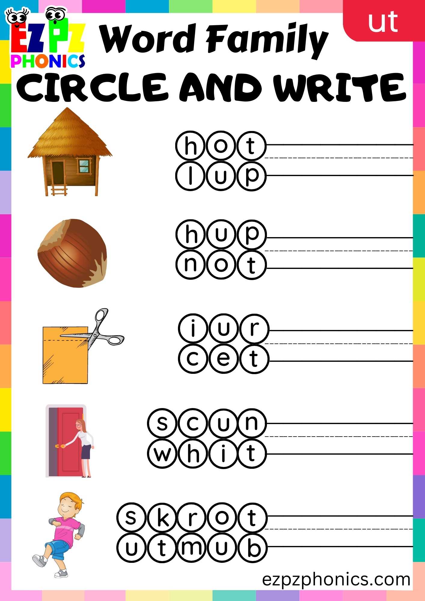 UT Words Circle And Write Phonics Word Families Worksheet